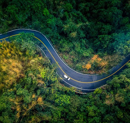Car driving down a winding road through a forest