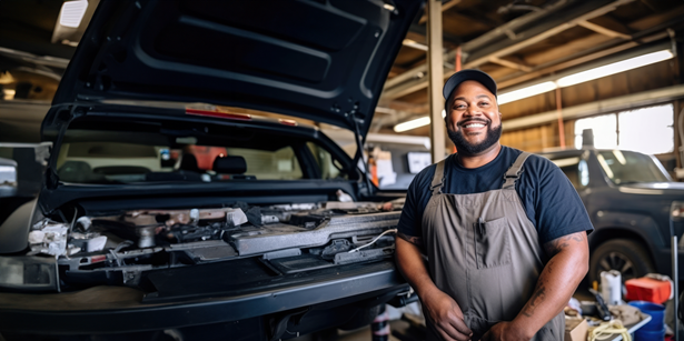 Man smiling in a garage with a cap on standing in front of a truck